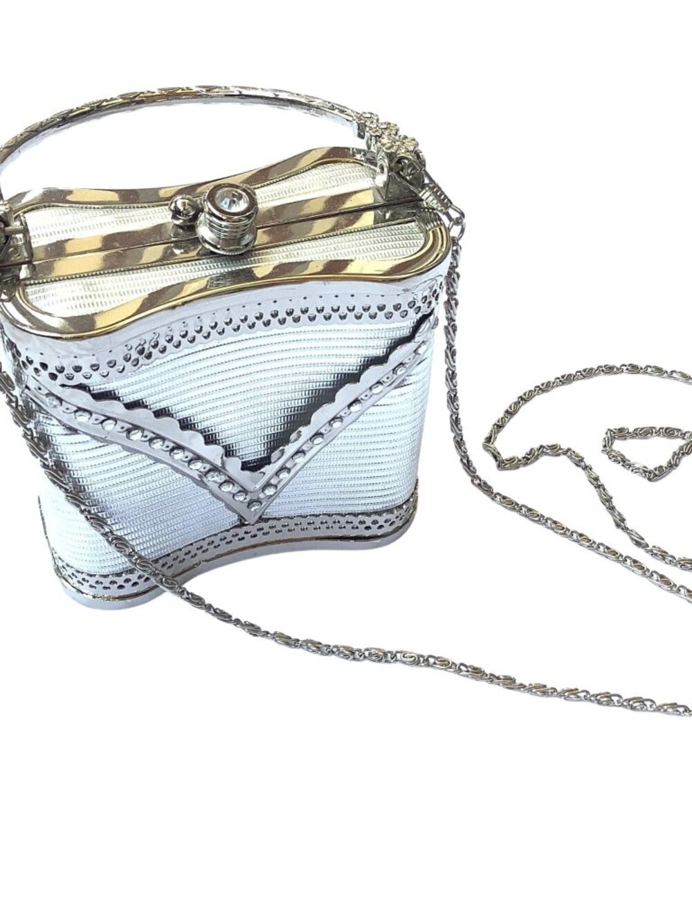 Silver Metal Handbag Rhinestone Baroque Purse Elegant Party Small Size